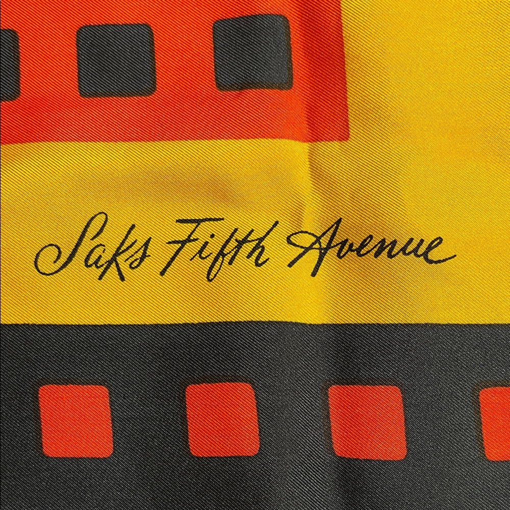 Saks Fifth Avenue Vibrant Yellow/Navy/Orange 100% Silk Patterned Scarf